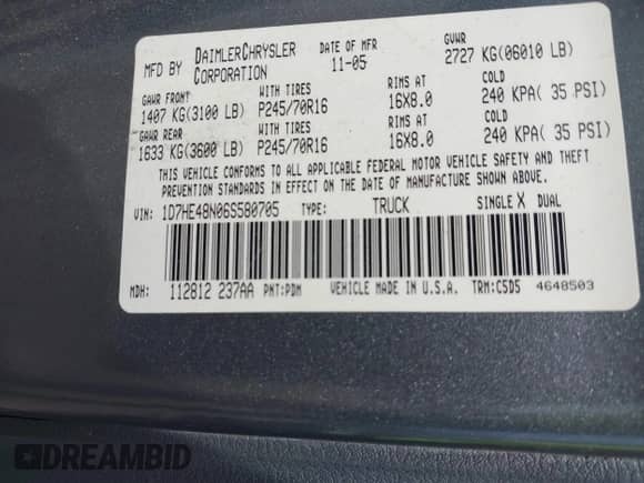 2006 Dodge Dakota SLT with VIN 1D7HE48N06S580705, listed as a IAAI auction lot 42120728 with 206,420 mi miles and . Bid and sale history available at DreamBid. Image 9.