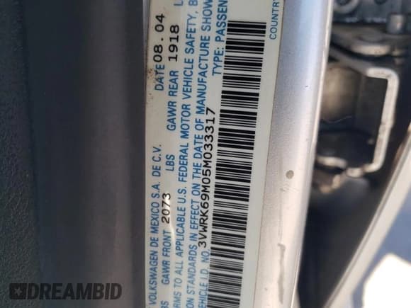 ✅ 2005 Volkswagen Jetta GL • VIN: 3VWRK69M05M033317 • Lot: 66320935. Listed on Copart with 134,346 mi. Free auction sales archive from the USA and detailed vehicle history report at DreamBid. Image 12.