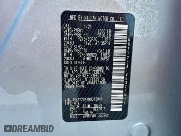 ✅ 2021 Nissan Armada SL • VIN: JN8AY2BA1M9372547 • Lot: 96801485. Wystawiony na Copart z przebiegiem 121 835 mil. Bezpłatny archiwum sprzedaży aukcyjnych z USA i szczegółowy raport historii pojazdu na DreamBid. Zdjęcie 12.