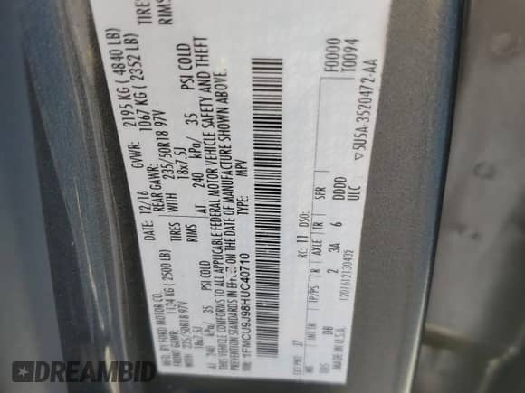 2017 Ford Escape Titanium с VIN 1FMCU9J98HUC40710, выставлен на аукционе Copart как лот 82381355 с пробегом 124 333 миль миль и Списание • Salvage title. История ставок и продаж доступна на DreamBid. Изображение 14.