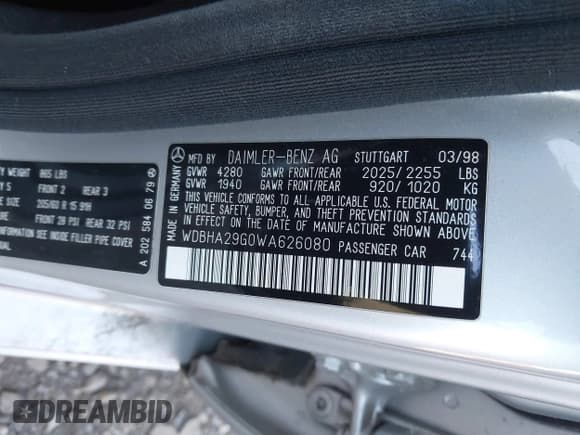 ✅ 1998 Mercedes-Benz C 230/260/280/320 • VIN: WDBHA29G0WA626080 • Lot: 43483709. Listed on IAAI with Not provided. Free auction sales archive from the USA and detailed vehicle history report at DreamBid. Image 9.