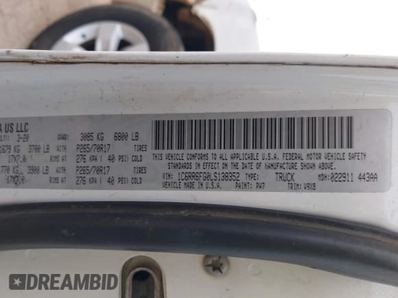 ✅ 2020 Ram 1500 Tradesman • VIN: 1C6RR6FG0LS138352 • Lot: 42085740. Listed on IAAI with 156,050 mi. Free auction sales archive from the USA and detailed vehicle history report at DreamBid. Image 9.