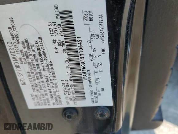 ✅ 2005 Ford Thunderbird Deluxe • VIN: 1FAHP60A15Y106451 • Lot: 68148695. Listed on Copart with Not provided. Free auction sales archive from the USA and detailed vehicle history report at DreamBid. Image 12.