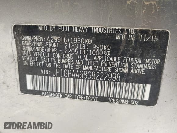 ✅ 2016 Subaru Impreza 2.0i • VIN: JF1GPAA68G8222998 • Lot: 43328503. Listed on IAAI with 103,864 mi. Free auction sales archive from the USA and detailed vehicle history report at DreamBid. Image 9.