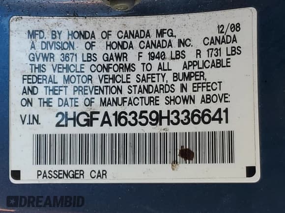✅ 2009 Honda Civic DX-VP • VIN: 2HGFA16359H336641 • Lot: 82200385. Wystawiony na Copart z przebiegiem 367 315 mil. Bezpłatny archiwum sprzedaży aukcyjnych z USA i szczegółowy raport historii pojazdu na DreamBid. Zdjęcie 12.