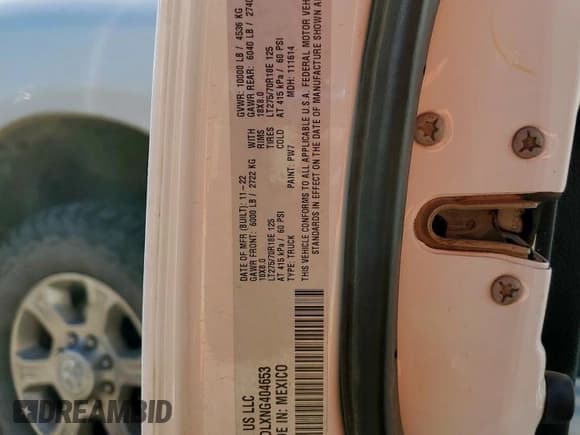 ✅ 2022 Ram 2500 Big Horn • VIN: 3C6UR5DLXNG404653 • Lot: 90856945. Listed on Copart with 105,625 mi. Free auction sales archive from the USA and detailed vehicle history report at DreamBid. Image 12.