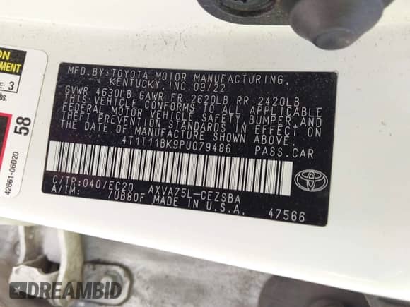 2023 Toyota Camry SE with VIN 4T1T11BK9PU079486, listed as a IAAI auction lot 42144138 with 49,598 mi miles and . Bid and sale history available at DreamBid. Image 9.