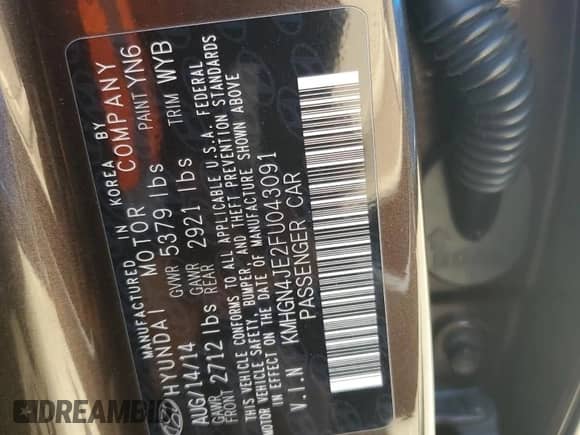 2015 Hyundai Genesis 3.8L z VIN KMHGN4JE2FU043091, wystawiony jako Copart lot #68129574 z przebiegiem 79 222 mil mil oraz Szkoda całkowita • Salvage title. Historia ofert i sprzedaży dostępna na DreamBid. Obrazek 14.