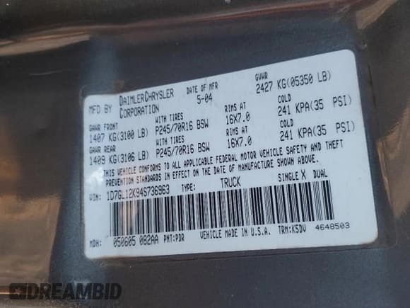 ✅ 2004 Dodge Dakota • VIN: 1D7GL12K94S736963 • Lot: 83074694. Wystawiony na Copart z przebiegiem 153 698 mil. Bezpłatny archiwum sprzedaży aukcyjnych z USA i szczegółowy raport historii pojazdu na DreamBid. Zdjęcie 15.