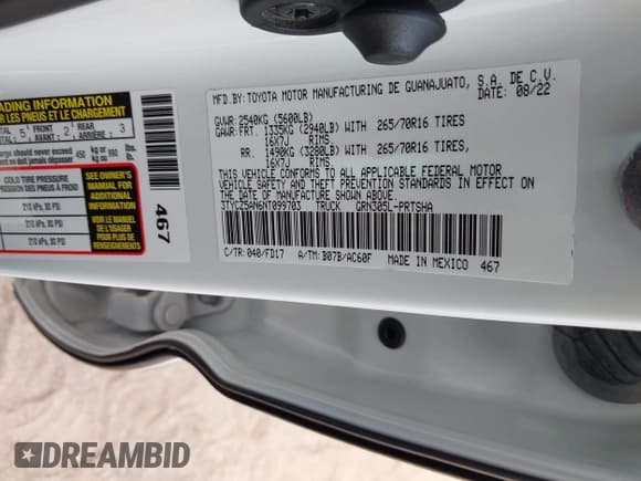 ✅ 2022 Toyota Tacoma TRD Sport • VIN: 3TYCZ5AN6NT099703 • Lot: 43741149. Listed on IAAI with 52,272 mi. Free auction sales archive from the USA and detailed vehicle history report at DreamBid. Image 9.