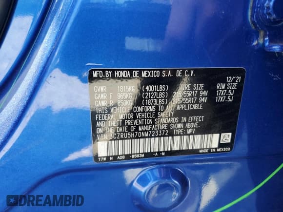 ✅ 2022 Honda HR-V EX-L • VIN: 3CZRU5H70NM723372 • Lot: 69036895. Wystawiony na Copart z przebiegiem 81 853 mil. Bezpłatny archiwum sprzedaży aukcyjnych z USA i szczegółowy raport historii pojazdu na DreamBid. Zdjęcie 13.