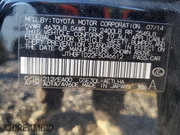 ✅ 2015 Lexus IS 250 • VIN: JTHBF1D22F5046612 • Lot: 91123535. Listed on Copart with 112,327 mi. Free auction sales archive from the USA and detailed vehicle history report at DreamBid. Image 12.