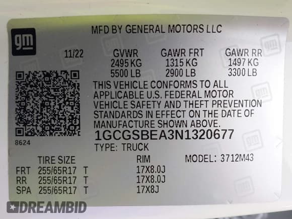 ✅ 2022 Chevrolet Colorado 2WD Work Truck • VIN: 1GCGSBEA3N1320677 • Lot: 43228454. Listed on IAAI with 37,335 mi. Free auction sales archive from the USA and detailed vehicle history report at DreamBid. Image 9.