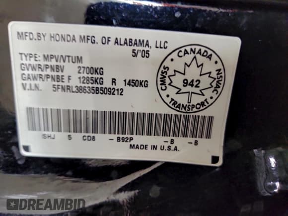 ✅ 2005 Honda Odyssey EX-L • VIN: 5FNRL38635B509212 • Lot: 94388545. Listed on Copart with 258,820 mi. Free auction sales archive from the USA and detailed vehicle history report at DreamBid. Image 13.