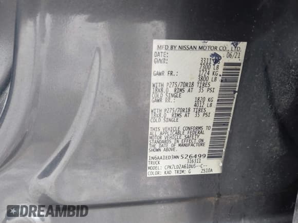 ✅ 2021 Nissan Titan SV • VIN: 1N6AA1ED3MN526499 • Lot: 43421411. Listed on IAAI with 39,638 mi. Free auction sales archive from the USA and detailed vehicle history report at DreamBid. Image 9.