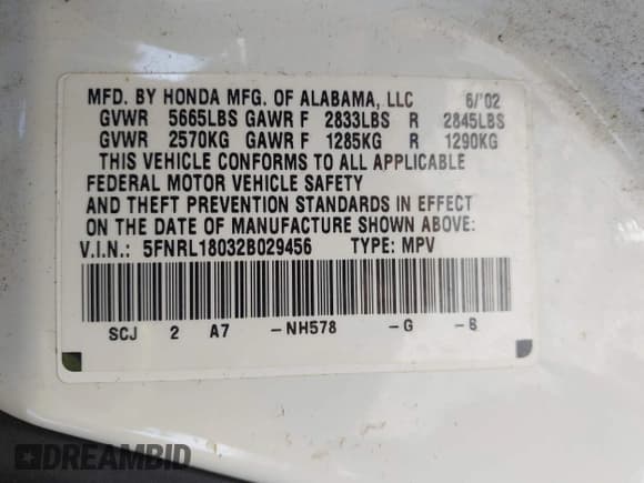 ✅ 2002 Honda Odyssey EX-L • VIN: 5FNRL18032B029456 • Лот: 43516897. Опубликован ранее на IAAI с пробегом 283 332 миль. Бесплатный доступ к архиву аукционных продаж из США и подробный отчёт об истории автомобиля на DreamBid. Изображение 9.