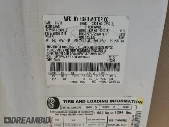 ✅ 2011 Ford F-150 Lariat • VIN: 1FTFW1EF1BFA61630 • Lot: 82635635. Wystawiony na Copart z przebiegiem 243 604 mil. Bezpłatny archiwum sprzedaży aukcyjnych z USA i szczegółowy raport historii pojazdu na DreamBid. Zdjęcie 12.