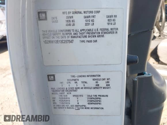 ✅ 2003 Pontiac Grand Am GT • VIN: 1G2NW12E13C297547 • Lot: 42721335. Wystawiony na IAAI z przebiegiem 218 865 mil. Bezpłatny archiwum sprzedaży aukcyjnych z USA i szczegółowy raport historii pojazdu na DreamBid. Zdjęcie 9.