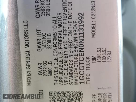 ✅ 2022 Chevrolet Colorado 4WD LT • VIN: 1GCGTCEN0N1131992 • Lot: 84752145. Listed on Copart with 105,911 mi. Free auction sales archive from the USA and detailed vehicle history report at DreamBid. Image 13.