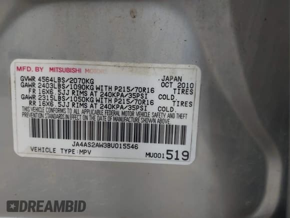 ✅ 2011 Mitsubishi Outlander ES • VIN: JA4AS2AW3BU015546 • Lot: 42634046. Listed on IAAI with 99,162 mi. Free auction sales archive from the USA and detailed vehicle history report at DreamBid. Image 9.