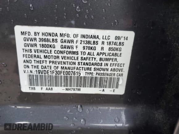✅ 2015 Acura ILX • VIN: 19VDE1F30FE007615 • Lot: 43845411. Listed on IAAI with 181,177 mi. Free auction sales archive from the USA and detailed vehicle history report at DreamBid. Image 9.