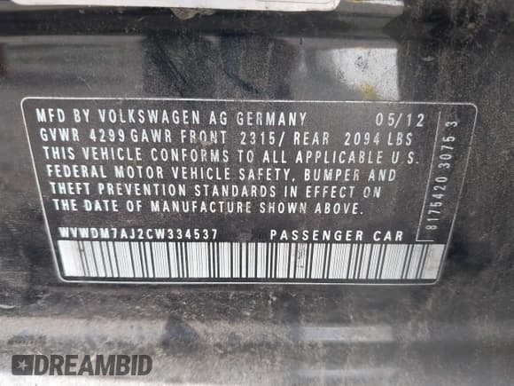 ✅ 2012 Volkswagen Golf TDI • VIN: WVWDM7AJ2CW334537 • Lot: 41836985. Listed on IAAI with 115,640 mi. Free auction sales archive from the USA and detailed vehicle history report at DreamBid. Image 9.