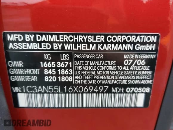 ✅ 2006 Chrysler Crossfire • VIN: 1C3AN55L16X069497 • Lot: 86840374. Wystawiony na Copart z przebiegiem Nie podano. Bezpłatny archiwum sprzedaży aukcyjnych z USA i szczegółowy raport historii pojazdu na DreamBid. Zdjęcie 14.