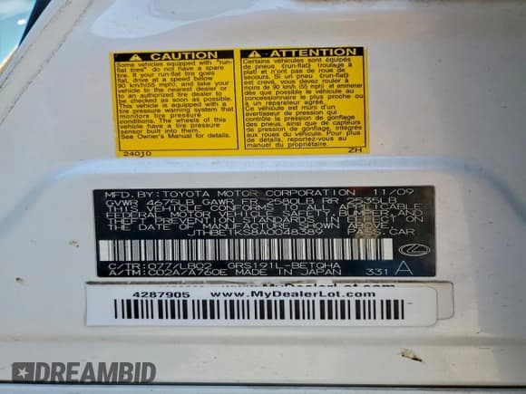 ✅ 2010 Lexus GS 350 • VIN: JTHBE1KS8A0048389 • Lot: 96063375. Listed on Copart with 270,084 mi. Free auction sales archive from the USA and detailed vehicle history report at DreamBid. Image 12.