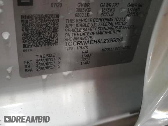 2020 Chevrolet Silverado 1500 Work Truck с VIN 1GCRWAEH8LZ326882, выставлен на аукционе Copart как лот 91744825 с пробегом 128 888 миль миль и Чистый • Clean title. История ставок и продаж доступна на DreamBid. Изображение 12.