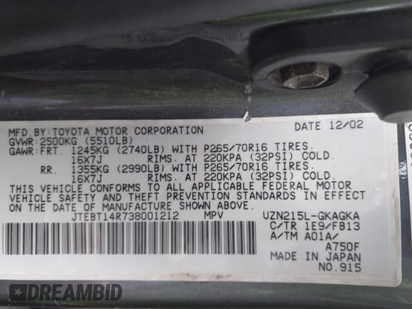 ✅ 2003 Toyota 4Runner SR5 • VIN: JTEBT14R738001212 • Lot: 42388503. Listed on IAAI with 286,368 mi. Free auction sales archive from the USA and detailed vehicle history report at DreamBid. Image 9.