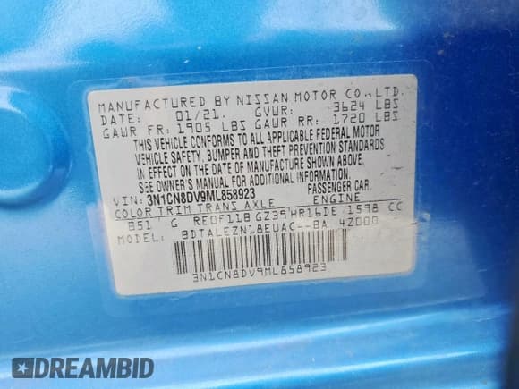 ✅ 2021 Nissan Versa S • VIN: 3N1CN8DV9ML858923 • Lot: 84943815. Listed on Copart with 45,736 mi. Free auction sales archive from the USA and detailed vehicle history report at DreamBid. Image 12.