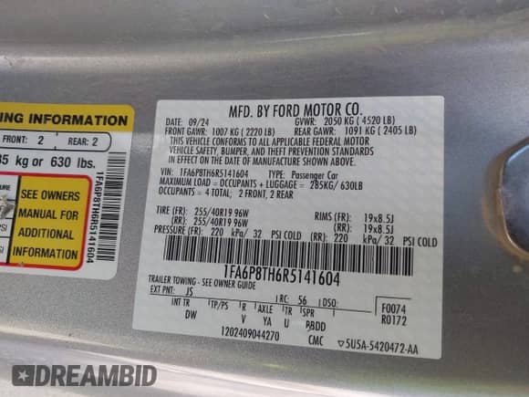 2024 Ford Mustang EcoBoost Premium with VIN 1FA6P8TH6R5141604, listed as a IAAI auction lot 43256598 with 25,216 mi miles and . Bid and sale history available at DreamBid. Image 9.