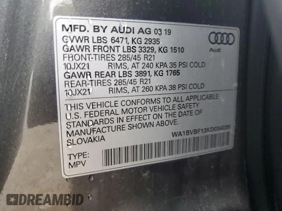 ✅ 2019 Audi Q8 Premium Plus • VIN: WA1BVBF13KD034039 • Lot: 79762724. Listed on Copart with 55,412 mi. Free auction sales archive from the USA and detailed vehicle history report at DreamBid. Image 14.