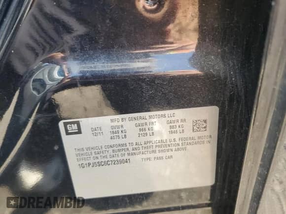 2012 Chevrolet Cruze ECO z VIN 1G1PJ5SC6C7239041, wystawiony jako Copart lot #83823125 z przebiegiem 159 410 mil mil oraz Szkoda całkowita • Salvage title. Historia ofert i sprzedaży dostępna na DreamBid. Obrazek 12.