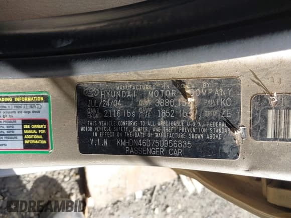 ✅ 2005 Hyundai Elantra GLS • VIN: KMHDN46D75U956835 • Lot: 41564179. Wystawiony na IAAI z przebiegiem 266 528 mil. Bezpłatny archiwum sprzedaży aukcyjnych z USA i szczegółowy raport historii pojazdu na DreamBid. Zdjęcie 9.