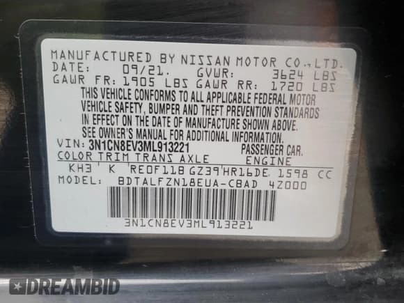 ✅ 2021 Nissan Versa SV • VIN: 3N1CN8EV3ML913221 • Lot: 91411335. Listed on Copart with 75,557 mi. Free auction sales archive from the USA and detailed vehicle history report at DreamBid. Image 12.