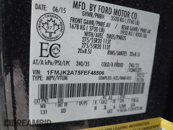 ✅ 2015 Ford Expedition Max Limited • VIN: 1FMJK2AT5FEF48506 • Lot: 42154929. Listed on IAAI with 182,043 mi. Free auction sales archive from the USA and detailed vehicle history report at DreamBid. Image 9.