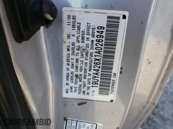 ✅ 2001 Acura CL Type S • VIN: 19UYA426X1A026949 • Lot: 51397404. Listed on Copart with 230,670 mi. Free auction sales archive from the USA and detailed vehicle history report at DreamBid. Image 12.