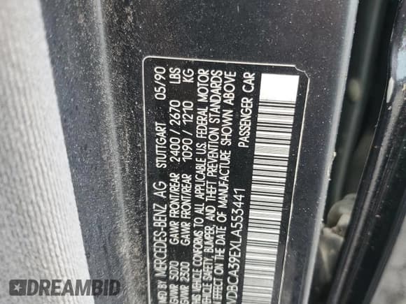 ✅ 1990 Mercedes-Benz 560 • VIN: WDBCA39EXLA553441 • Lot: 68726255. Listed on Copart with 160,789 mi. Free auction sales archive from the USA and detailed vehicle history report at DreamBid. Image 12.