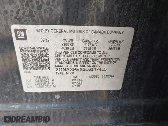 ✅ 2020 Chevrolet Equinox Premier • VIN: 2GNAXPEX3L6147415 • Lot: 43498864. Listed on IAAI with 74,090 mi. Free auction sales archive from the USA and detailed vehicle history report at DreamBid. Image 9.