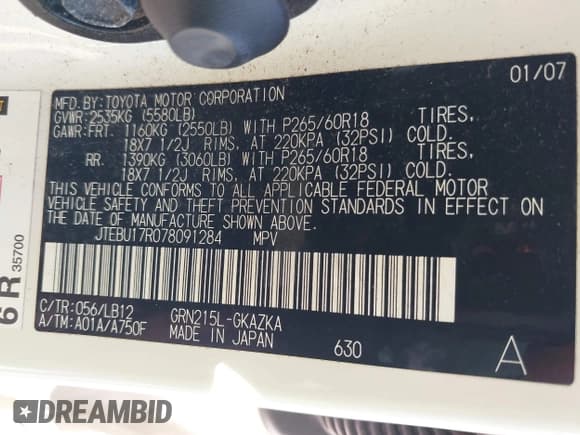✅ 2007 Toyota 4Runner Limited • VIN: JTEBU17R078091284 • Lot: 43072698. Listed on IAAI with 307,696 mi. Free auction sales archive from the USA and detailed vehicle history report at DreamBid. Image 9.