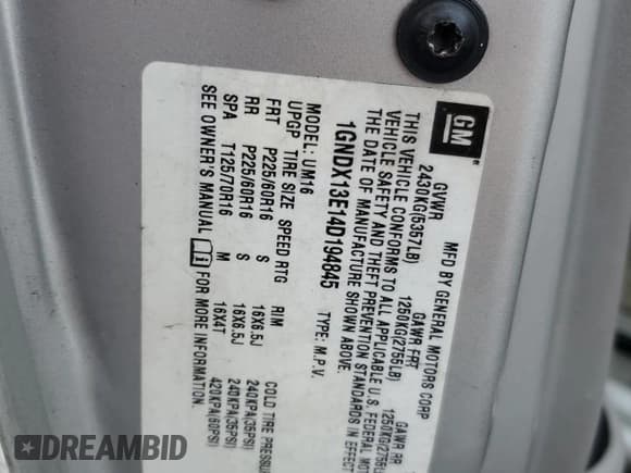 ✅ 2004 Chevrolet Venture LT • VIN: 1GNDX13E14D194845 • Lot: 58921915. Listed on Copart with 104,387 mi. Free auction sales archive from the USA and detailed vehicle history report at DreamBid. Image 13.