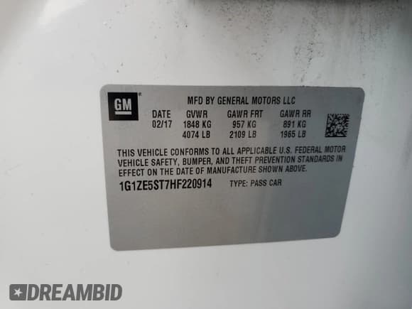 ✅ 2017 Chevrolet Malibu LT • VIN: 1G1ZE5ST7HF220914 • Lot: 85694575. Listed on Copart with 69,125 mi. Free auction sales archive from the USA and detailed vehicle history report at DreamBid. Image 12.