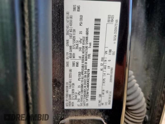 ✅ 2019 Ford F-150 XL • VIN: 1FTEW1C46KKC59219 • Lot: 67438015. Listed on Copart with 329,738 mi. Free auction sales archive from the USA and detailed vehicle history report at DreamBid. Image 12.