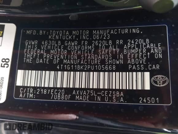 2023 Toyota Camry SE with VIN 4T1G11BK2PU105668, listed as a IAAI auction lot 43013320 with 39,694 mi miles and . Bid and sale history available at DreamBid. Image 9.