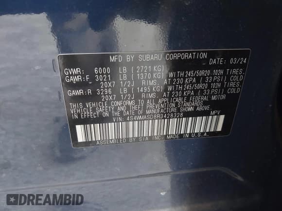 ✅ 2024 Subaru Ascent Limited • VIN: 4S4WMASD8R3428328 • Lot: 42000491. Listed on IAAI with 6,543 mi. Free auction sales archive from the USA and detailed vehicle history report at DreamBid. Image 9.