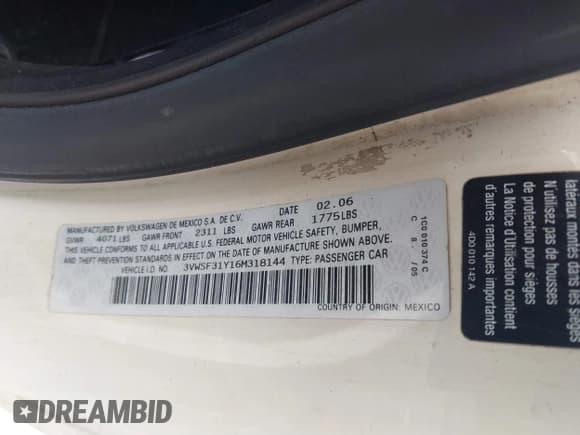 ✅ 2006 Volkswagen Beetle • VIN: 3VWSF31Y16M318144 • Лот: 41554903. Опубликован ранее на IAAI с пробегом 126 984 миль. Бесплатный доступ к архиву аукционных продаж из США и подробный отчёт об истории автомобиля на DreamBid. Изображение 9.