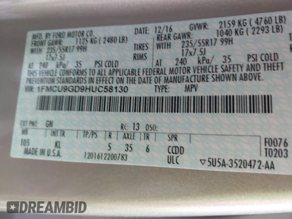 ✅ 2017 Ford Escape SE • VIN: 1FMCU9GD9HUC58130 • Lot: 43610717. Listed on IAAI with 147,188 mi. Free auction sales archive from the USA and detailed vehicle history report at DreamBid. Image 9.