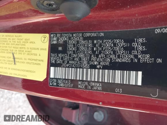 ✅ 2007 Toyota Highlander • VIN: JTEHP21A270193453 • Lot: 43206050. Listed on IAAI with 261,044 mi. Free auction sales archive from the USA and detailed vehicle history report at DreamBid. Image 9.