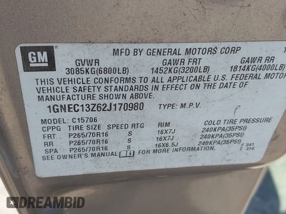 ✅ 2002 Chevrolet Tahoe LT • VIN: 1GNEC13Z62J170980 • Lot: 42914283. Listed on IAAI with 238,047 mi. Free auction sales archive from the USA and detailed vehicle history report at DreamBid. Image 9.